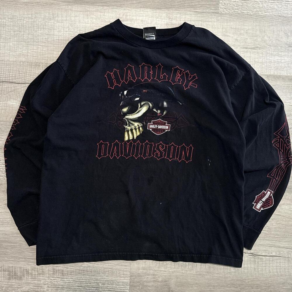 Vintage Y2K Harley Davidson Skull Red Tribal Sleeve Hits Long Sleeve Shirt